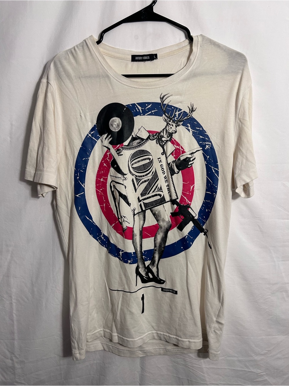 Antony Morato Cream Short Sleeve Tee with Blue & Red Target Collage